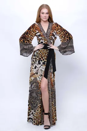 Animal Printed Maxi Wrap Long Sleeve Dress