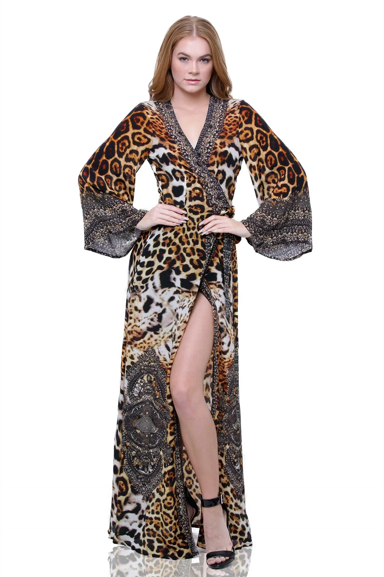 Animal Printed Maxi Wrap Long Sleeve Dress