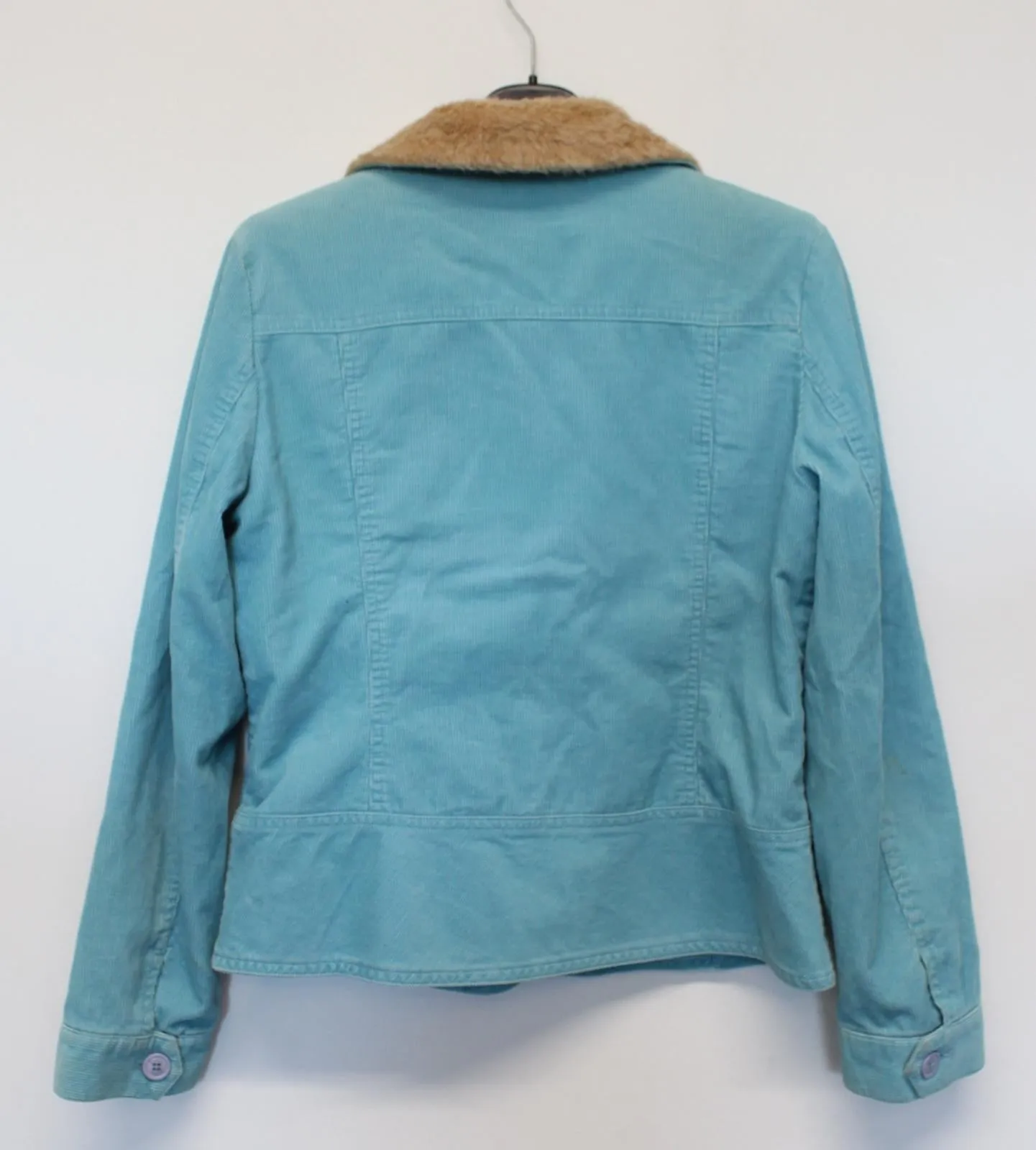 BODEN Ladies Aqua Blue Faux Fur Collar Pure Cotton Corduroy Jacket UK14 NEW
