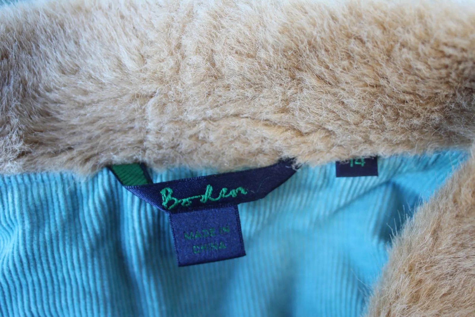BODEN Ladies Aqua Blue Faux Fur Collar Pure Cotton Corduroy Jacket UK14 NEW
