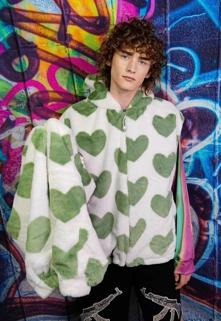 Heart fleece hooded jacket detachable fluffy love print coat