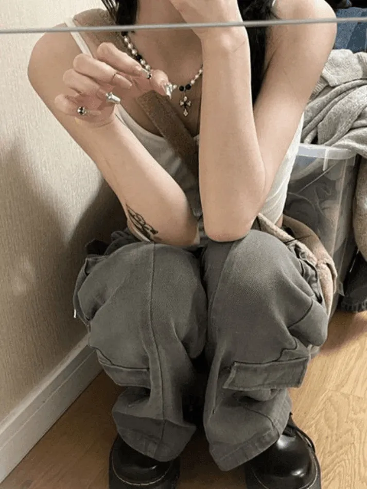 Jean cargo droit vintage délavé vert