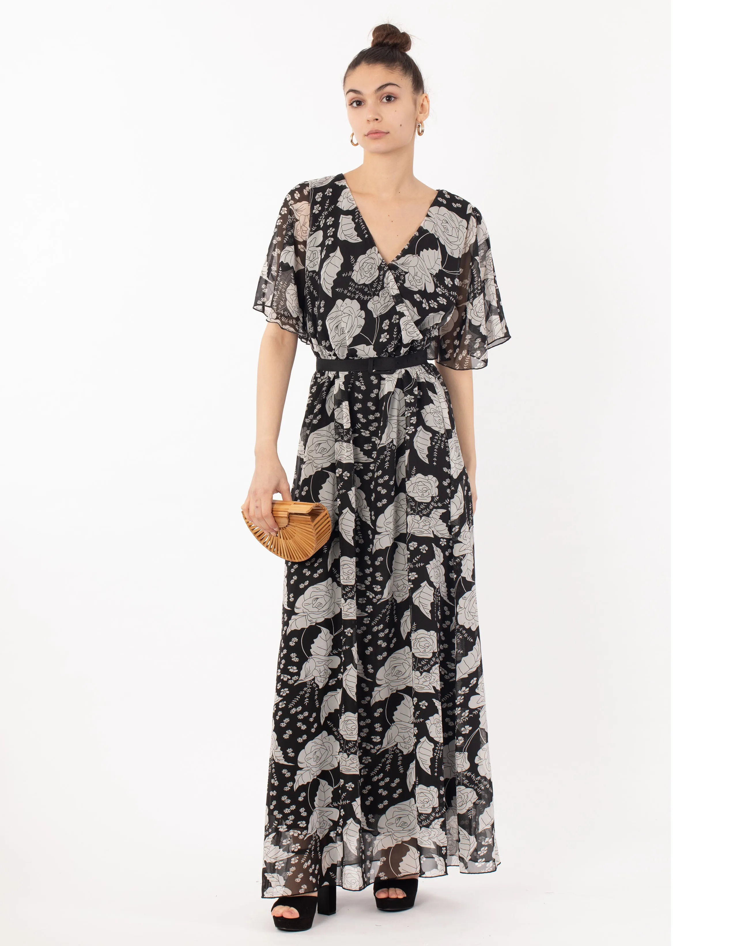 Lady Black Rose Print Chiffon Wrap Maxi Dress