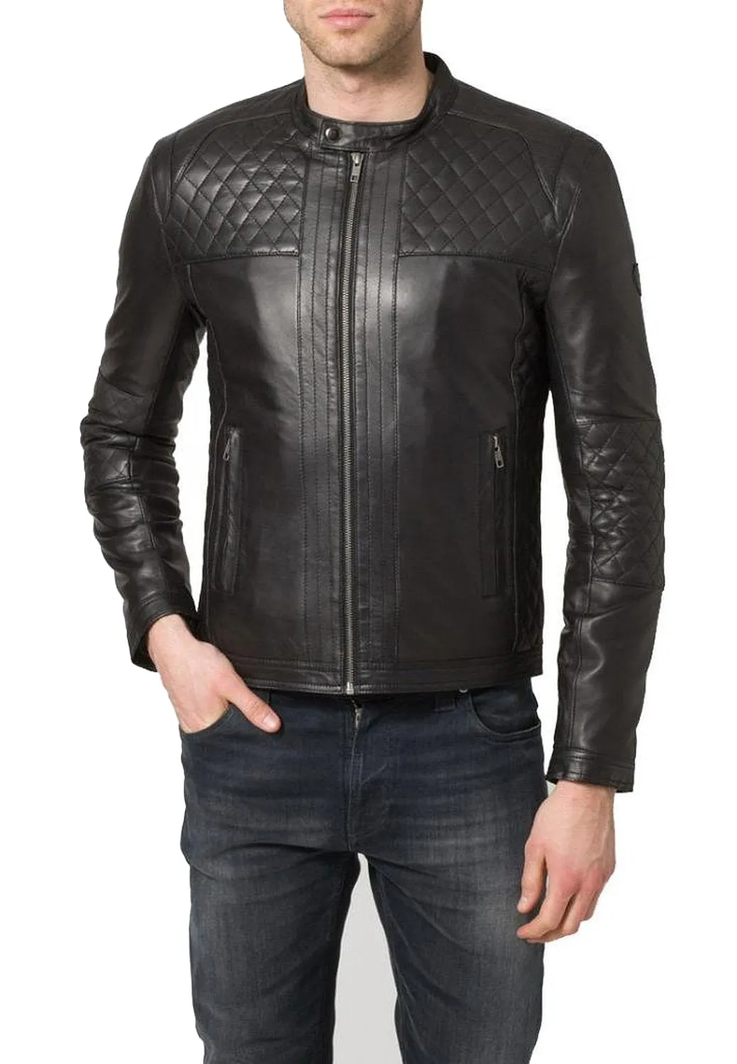Leather Jackets Hub Mens Genuine Lambskin Leather Jacket (Black, Racer Jacket) - 1501082