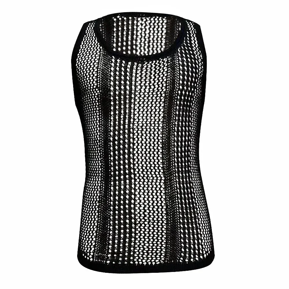 Mens Genderless Solid Color Hollow Out Knitted Tank Top