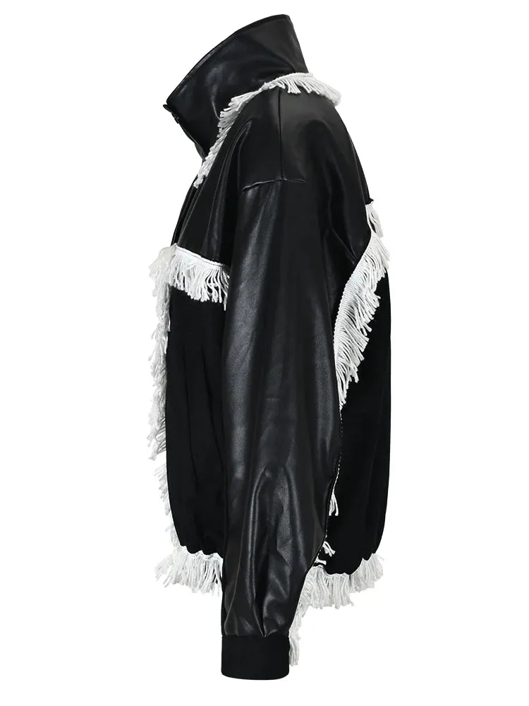 Pre Order:  Tassel Spliced Black Leather Jacket
