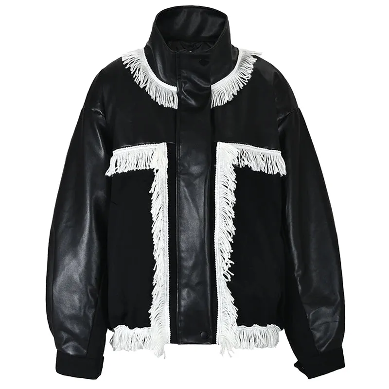 Pre Order:  Tassel Spliced Black Leather Jacket