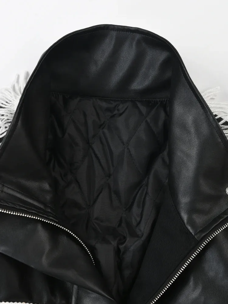 Pre Order:  Tassel Spliced Black Leather Jacket