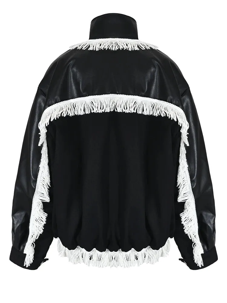 Pre Order:  Tassel Spliced Black Leather Jacket