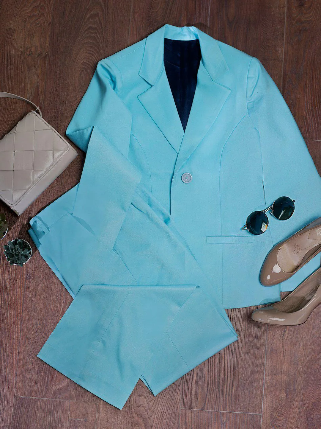 Sky Blue Polyester Poly-Viscose Blazer