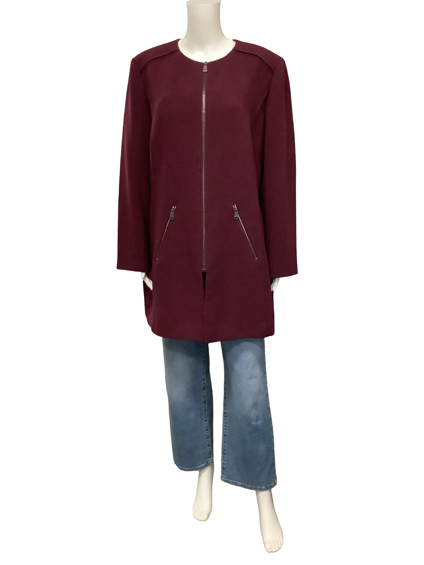 Tahari Jacket Midi Length Maroon Size: 14W