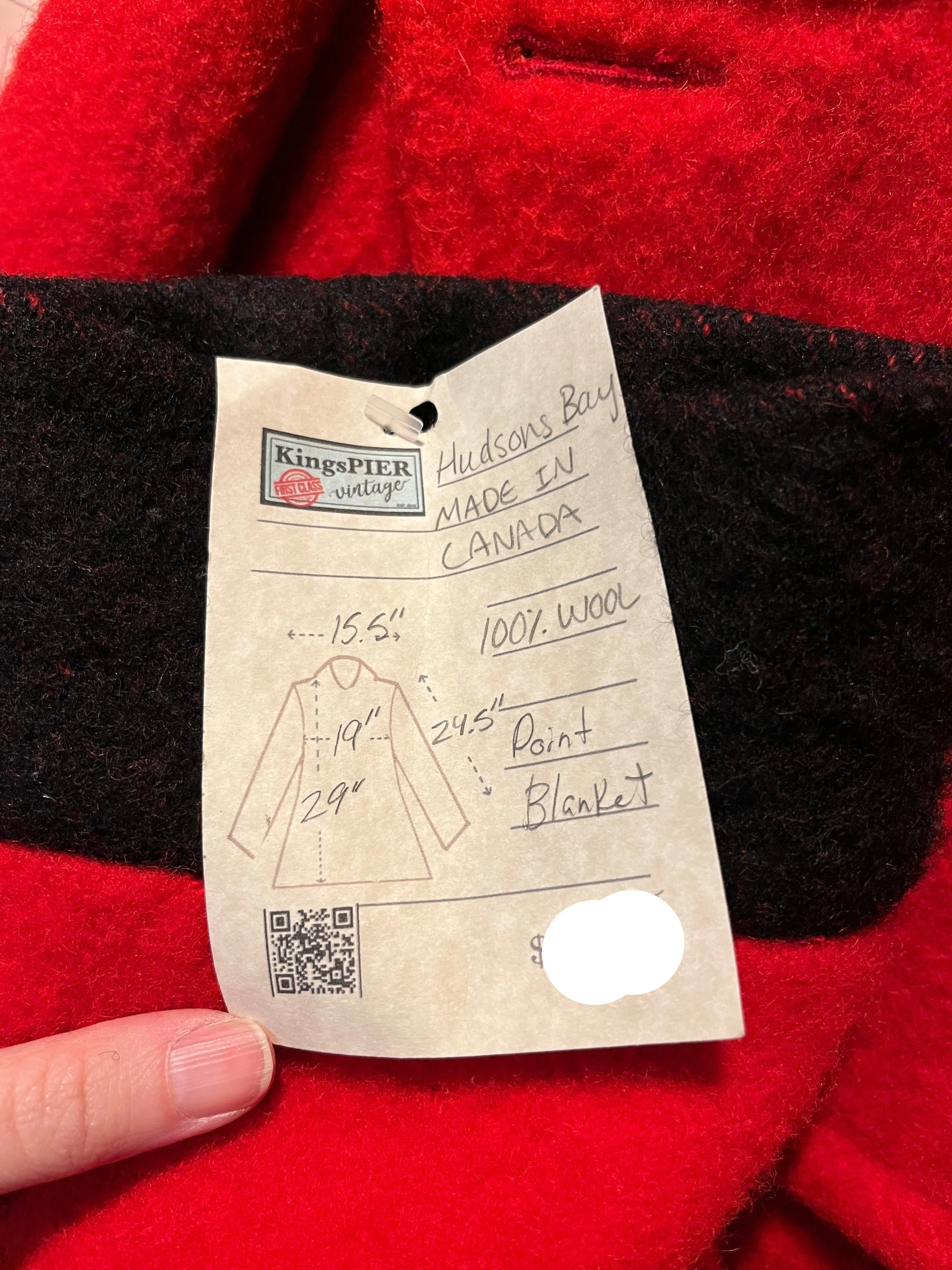 Vintage Hudson's Bay Company Red and Black Point Blanket Wool Coat, Made in Canada, Chest 38” SOLD