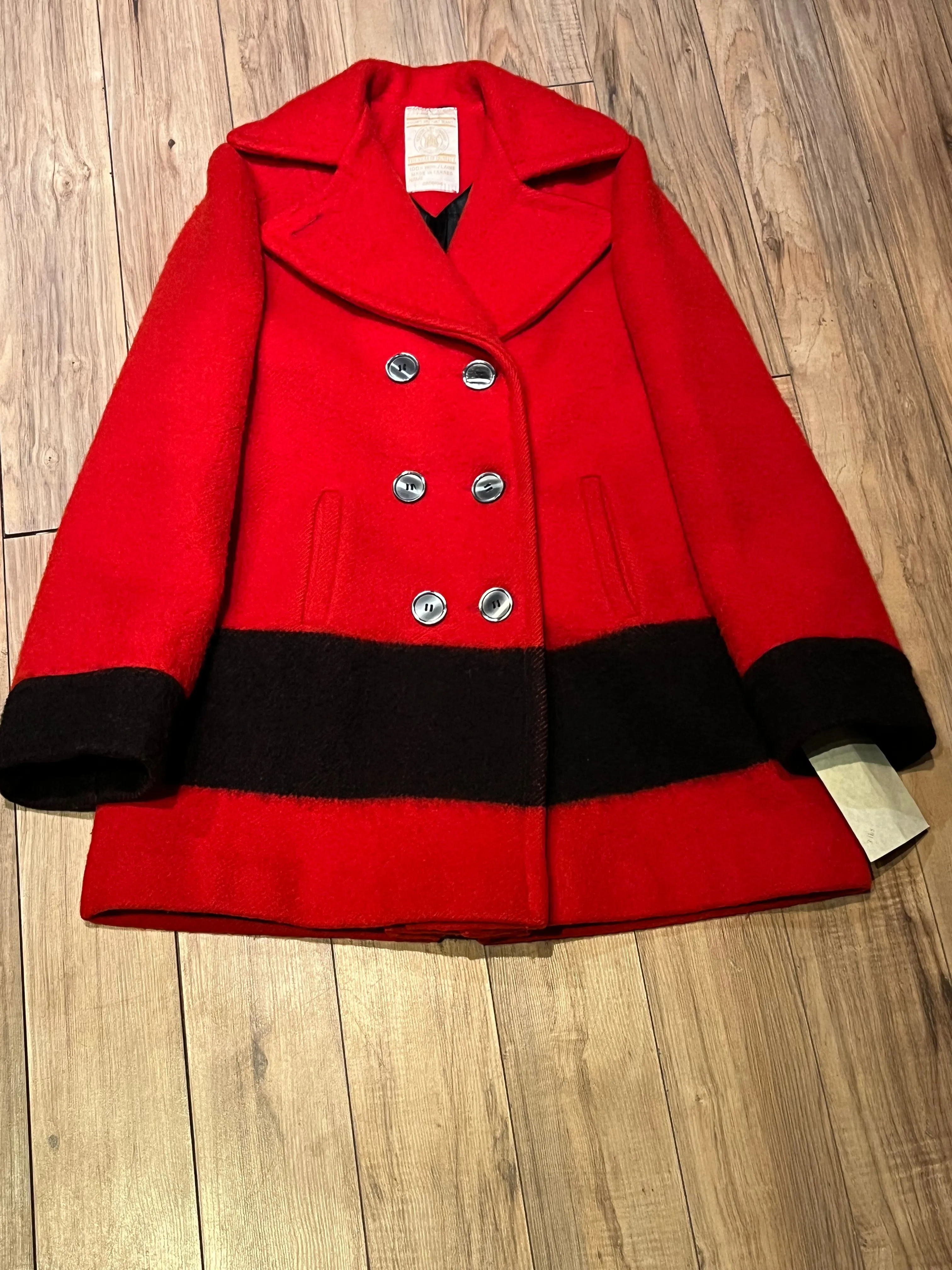 Vintage Hudson's Bay Company Red and Black Point Blanket Wool Coat, Made in Canada, Chest 38” SOLD