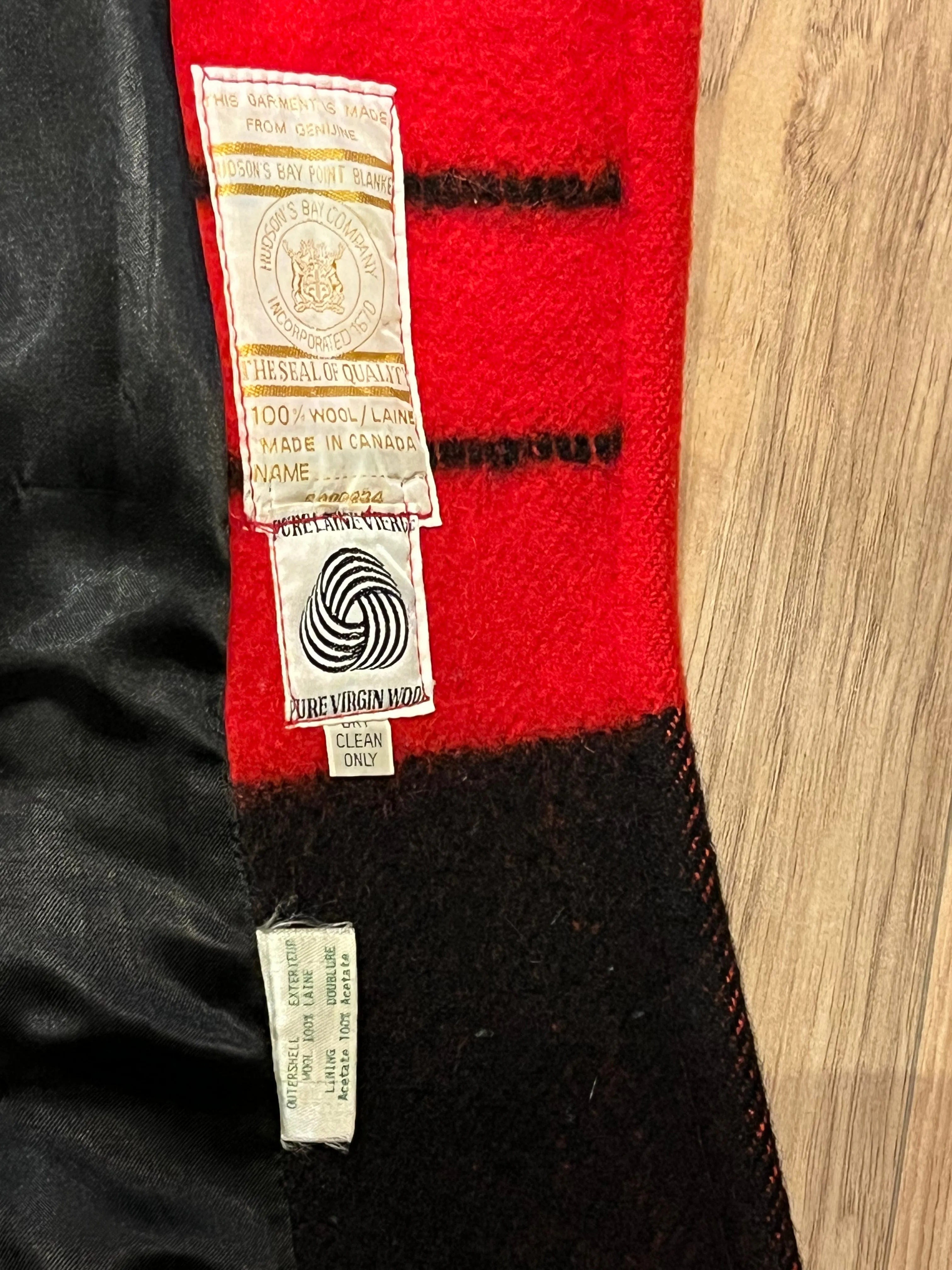 Vintage Hudson's Bay Company Red and Black Point Blanket Wool Coat, Made in Canada, Chest 38” SOLD