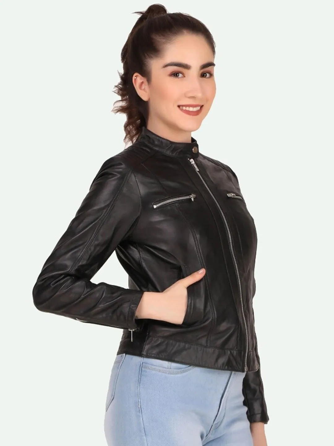 Women Black Leather Crop Outdoor Biker Jacket