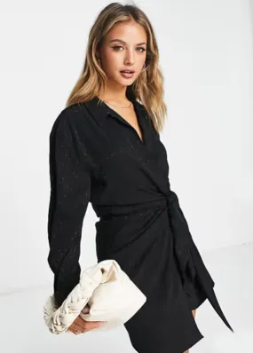 Women's Textured Wrap Dress,Black